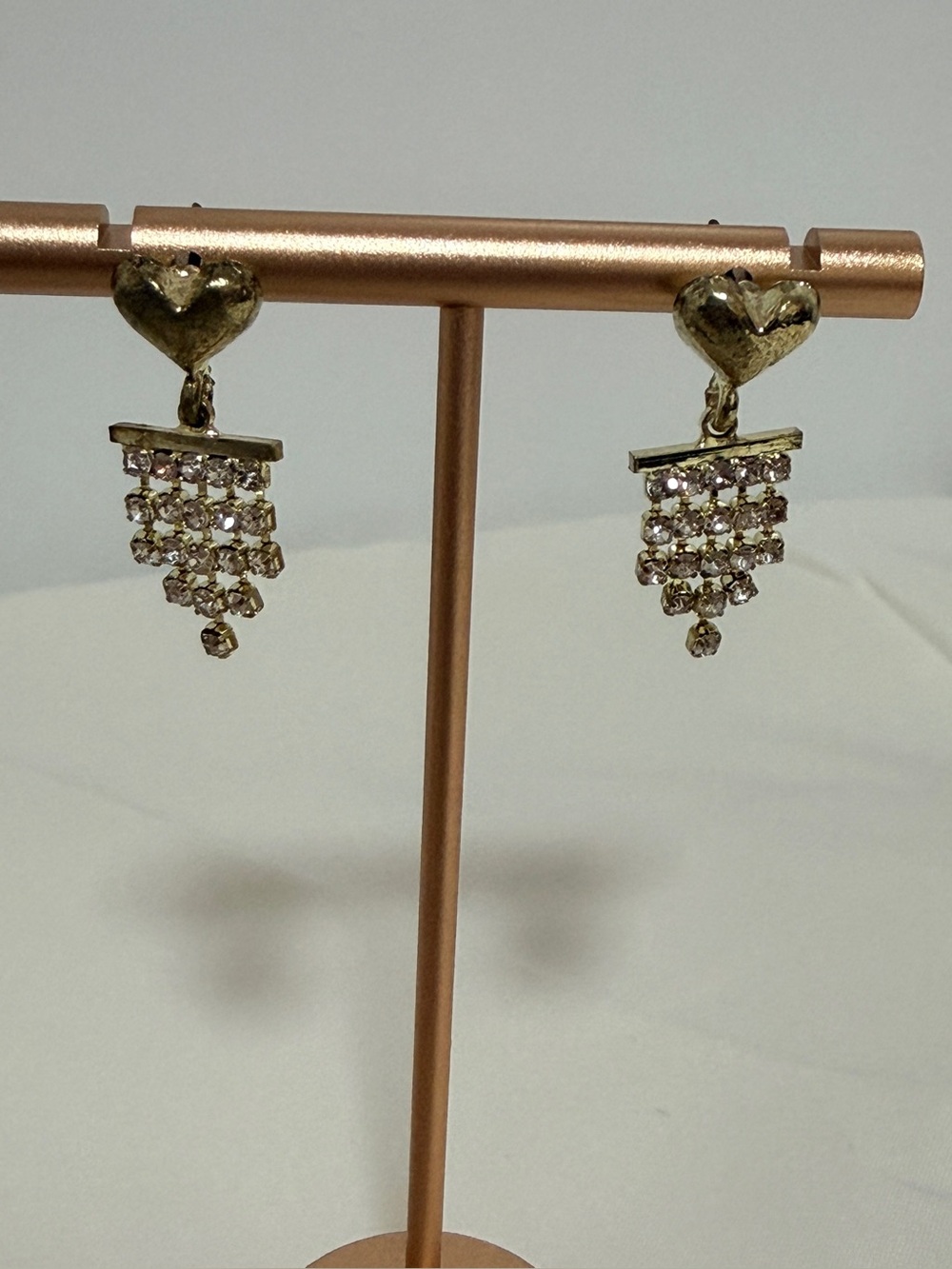 Gold Heart Drop Rhinestone Earrings - Unbranded